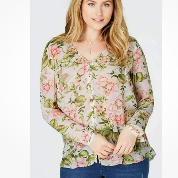 J Jill Floral Ruffle Trim Blouse Women Large Petite White Pink Green Cottagecore - Picture 2 of 11